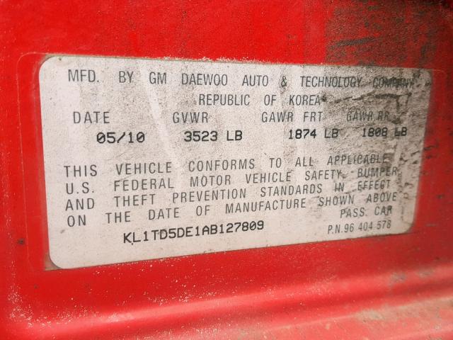 KL1TD5DE1AB127809 - 2010 CHEVROLET AVEO LS RED photo 10