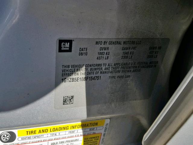 1G1ZB5E10BF154751 - 2011 CHEVROLET MALIBU LS ვერცხლისფერი ფოტო 10