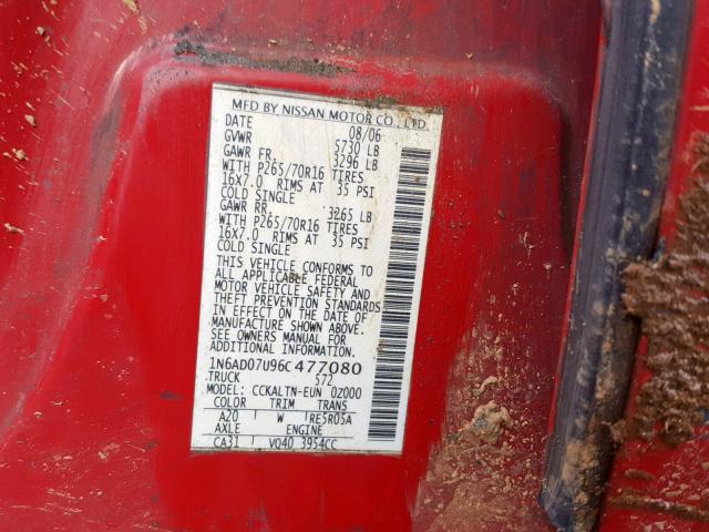 1N6AD07U96C477080 - 2006 NISSAN FRONTIER C RED photo 10