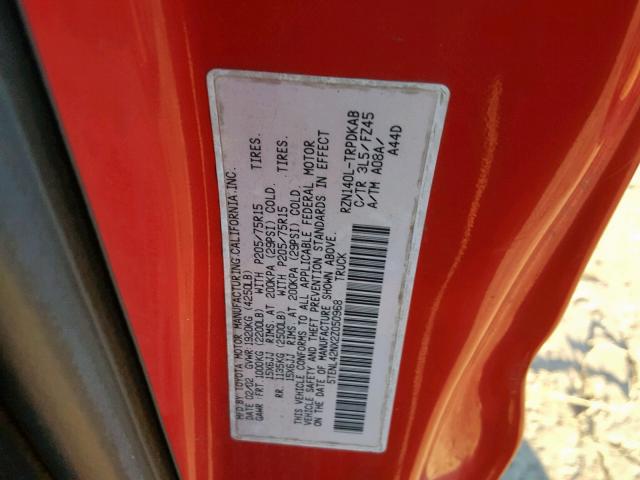 5TENL42NX2Z050968 - 2002 TOYOTA TACOMA RED photo 10