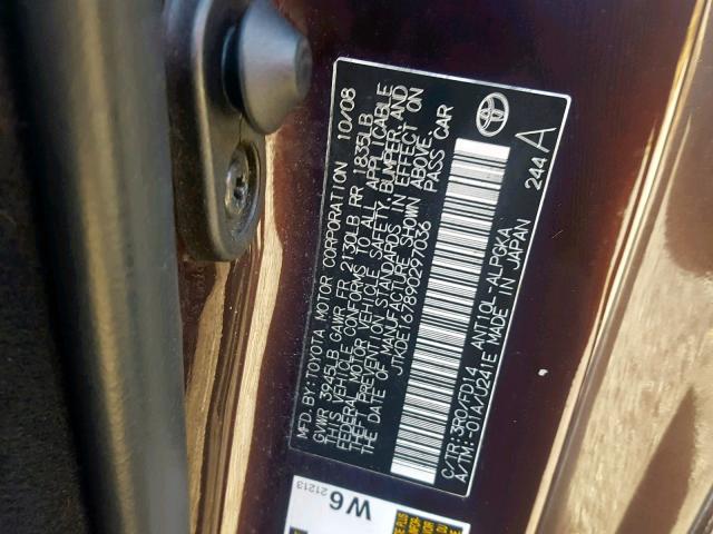 JTKDE167890297036 - 2009 TOYOTA SCION TC BURGUNDY photo 10