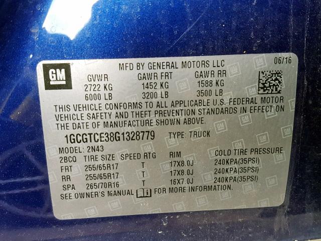 1GCGTCE38G1328779 - 2016 CHEVROLET COLORADO L BLUE photo 10