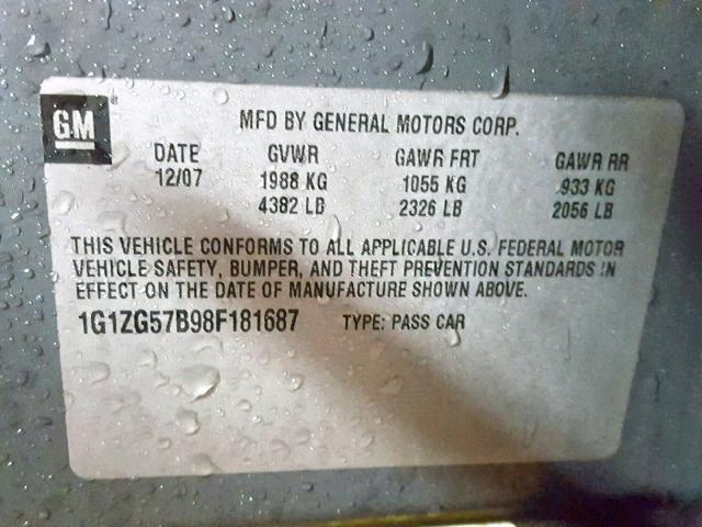 1G1ZG57B98F181687 - 2008 CHEVROLET MALIBU LS Boz foto 10
