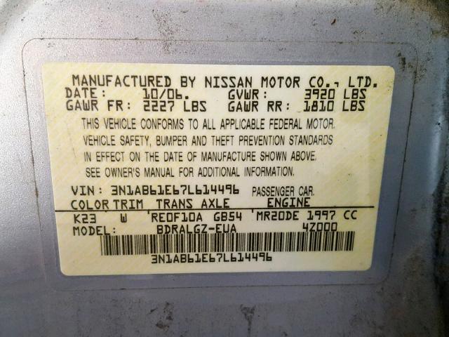 3N1AB61E67L614496 - 2007 NISSAN SENTRA 2.0 SILVER photo 10