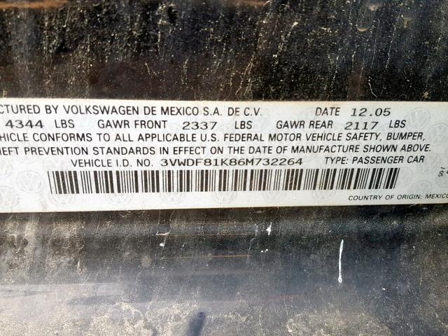 3VWDF81K86M732264 - 2006 VOLKSWAGEN JETTA 2.5 BLACK photo 10