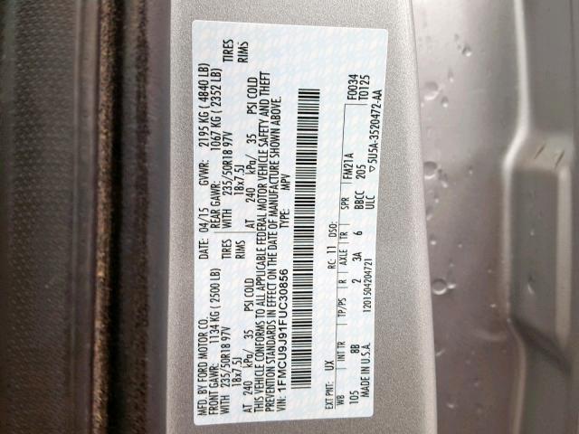 1FMCU9J91FUC30856 - 2015 FORD ESCAPE TIT GRAY photo 10