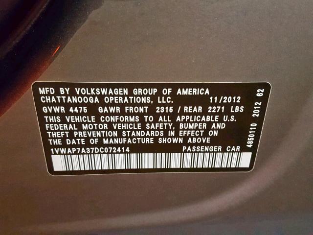 1VWAP7A37DC072414 - 2013 VOLKSWAGEN PASSAT S GRAY photo 10