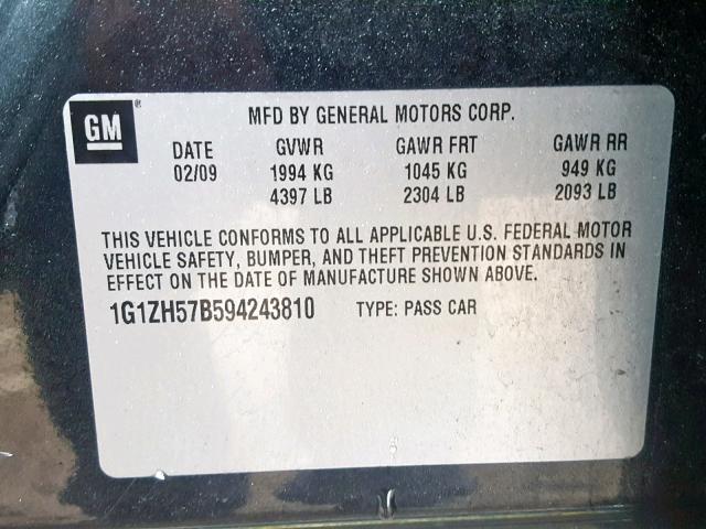 1G1ZH57B594243810 - 2009 CHEVROLET MALIBU 1LT BLACK photo 10