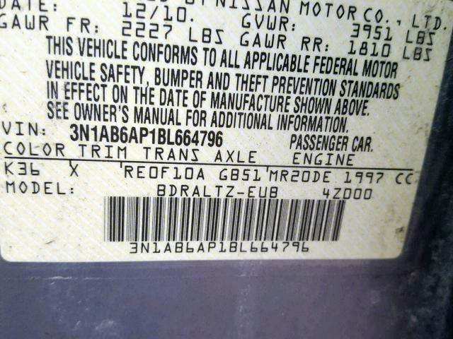 3N1AB6AP1BL664796 - 2011 NISSAN SENTRA 2.0 GRAY photo 10