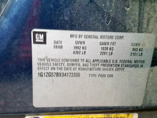 1G1ZG57BX94173398 - 2009 CHEVROLET MALIBU LS 蓝色 照片 10