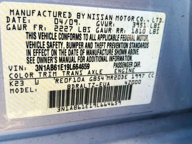 3N1AB61E19L664659 - 2009 NISSAN SENTRA 2.0 SILVER photo 10