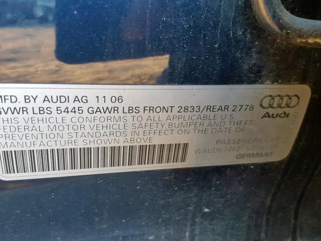 WAUDV74F27N076114 - 2007 AUDI A6 4.2 QUA BLUE photo 10