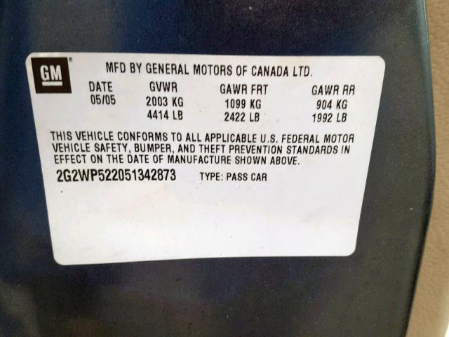 2G2WP522051342873 - 2005 PONTIAC GRAND PRIX BLUE photo 10