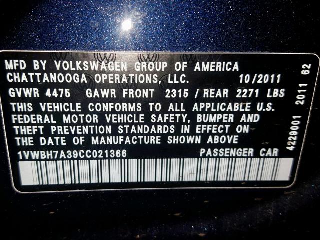 1VWBH7A39CC021366 - 2012 VOLKSWAGEN PASSAT SE BLUE photo 10