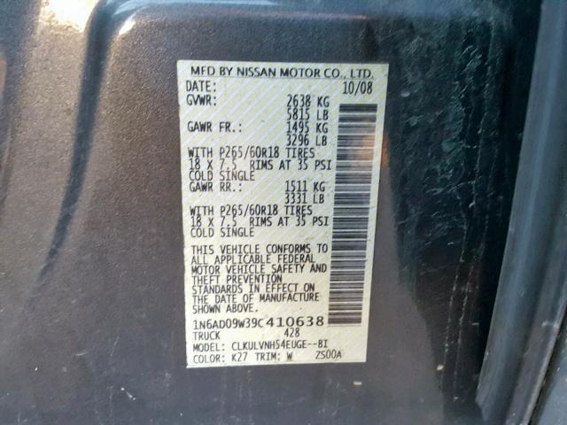 1N6AD09W39C410638 - 2009 NISSAN FRONTIER C GRAY photo 10