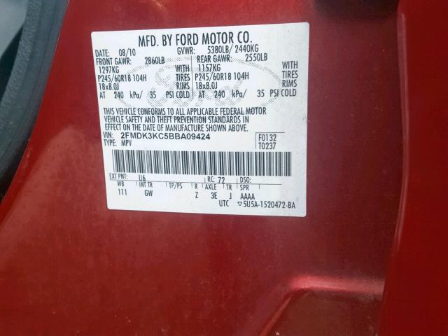 2FMDK3KC5BBA09424 - 2011 FORD EDGE LIMIT RED photo 10