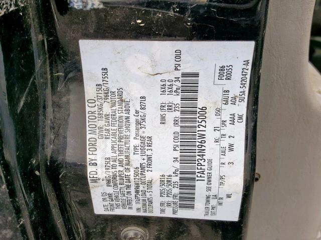 1FAFP34N96W125006 - 2006 FORD FOCUS ZX4 BLACK photo 10