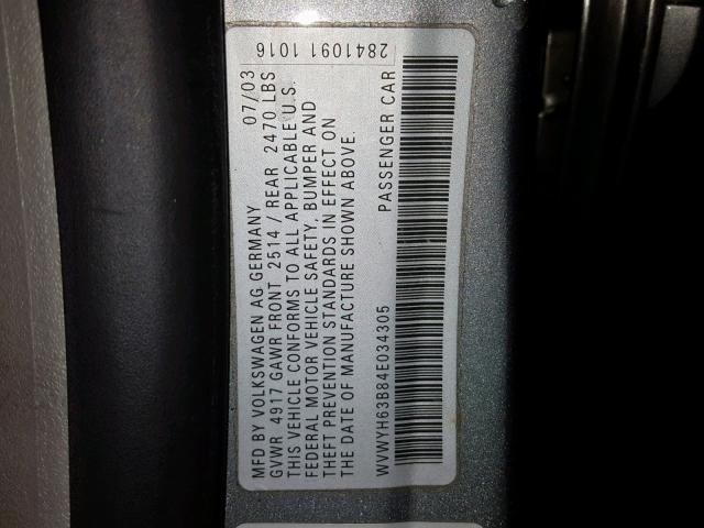 WVWYH63B84E034305 - 2004 VOLKSWAGEN PASSAT GLX 灰色 照片 10