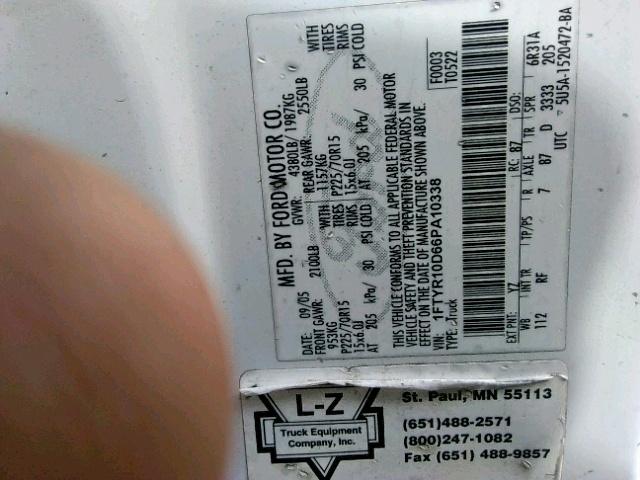 1FTYR10D66PA10338 - 2006 FORD RANGER WHITE photo 10