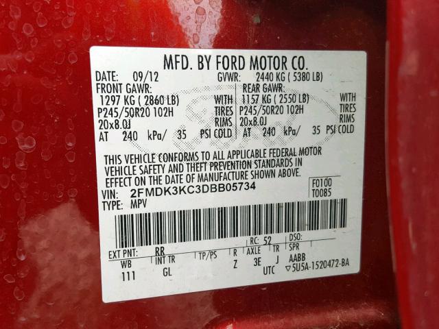 2FMDK3KC3DBB05734 - 2013 FORD EDGE LIMIT RED photo 10