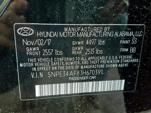 5NPE34AF8JH670391 - 2018 HYUNDAI SONATA SPO BLACK photo 10