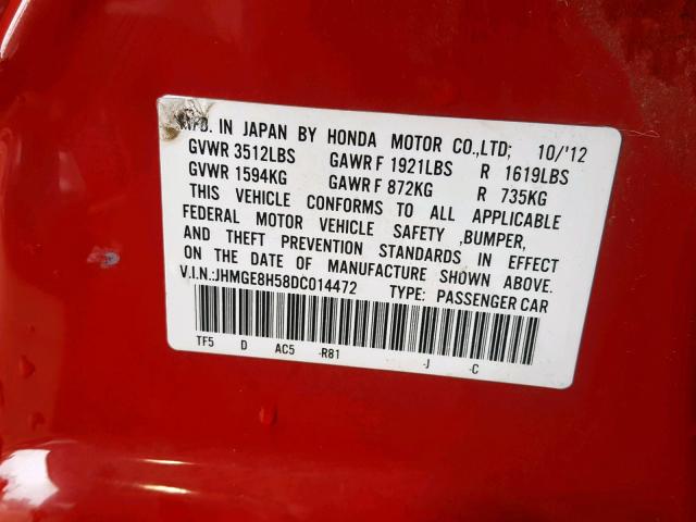 JHMGE8H58DC014472 - 2013 HONDA FIT SPORT RED photo 10