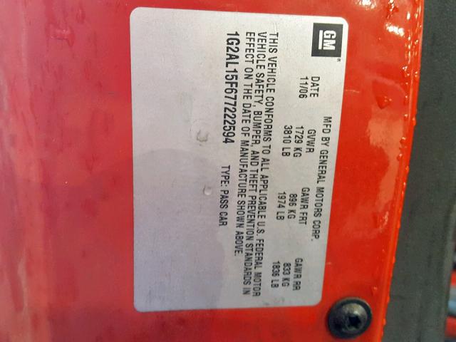 1G2AL15F677222594 - 2007 PONTIAC G5 RED photo 10