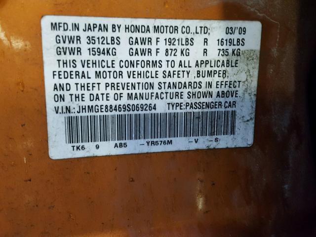 JHMGE88469S069264 - 2009 HONDA FIT SPORT ORANGE photo 10