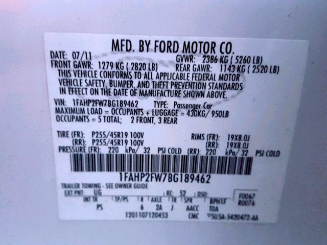 1FAHP2FW7BG189462 - 2011 FORD TAURUS LIM WHITE photo 10