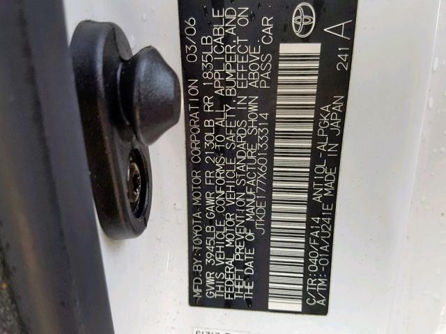 JTKDE177X60133314 - 2006 TOYOTA SCION TC 白色 照片 10