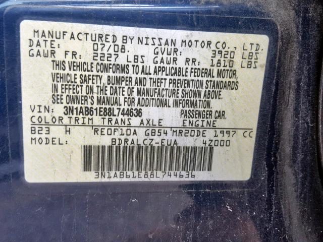 3N1AB61E88L744636 - 2008 NISSAN SENTRA 2.0 BLUE photo 10