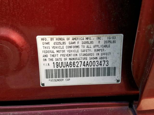 19UUA66274A003473 - 2004 ACURA TL RED photo 10