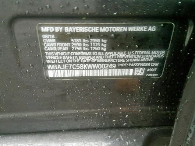 WBAJE7C58KWW00249 - 2019 BMW 540 XI GRAY photo 10