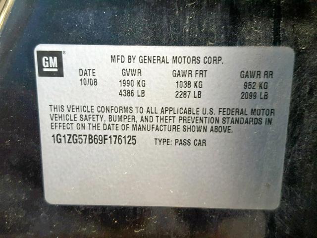 1G1ZG57B69F176125 - 2009 CHEVROLET MALIBU LS შავი ფოტო 10