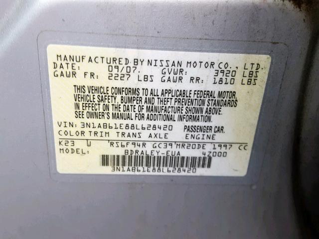 3N1AB61E88L628420 - 2008 NISSAN SENTRA 2.0 SILVER photo 10