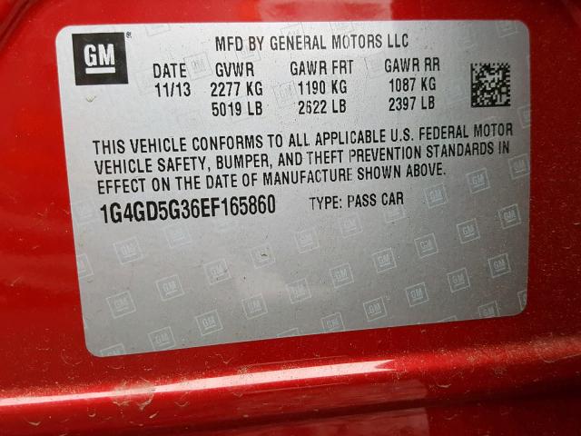 1G4GD5G36EF165860 - 2014 BUICK LACROSSE P RED photo 10