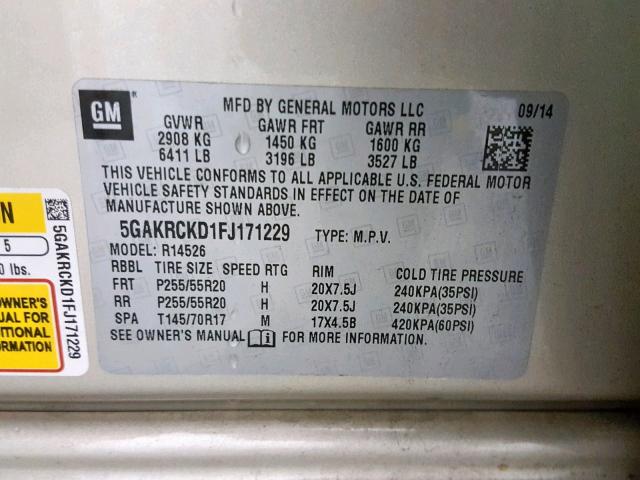 5GAKRCKD1FJ171229 - 2015 BUICK ENCLAVE TAN photo 10