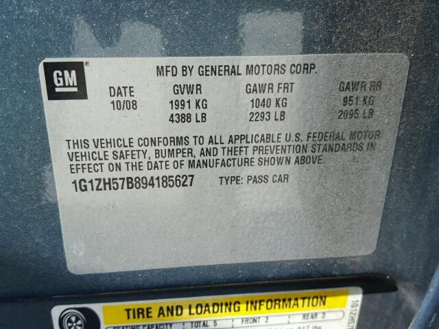 1G1ZH57B894185627 - 2009 CHEVROLET MALIBU 1LT 绿色 照片 10