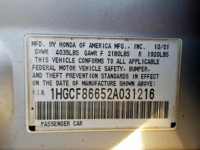 1HGCF86652A031216 - 2002 HONDA ACCORD VAL SILVER photo 10