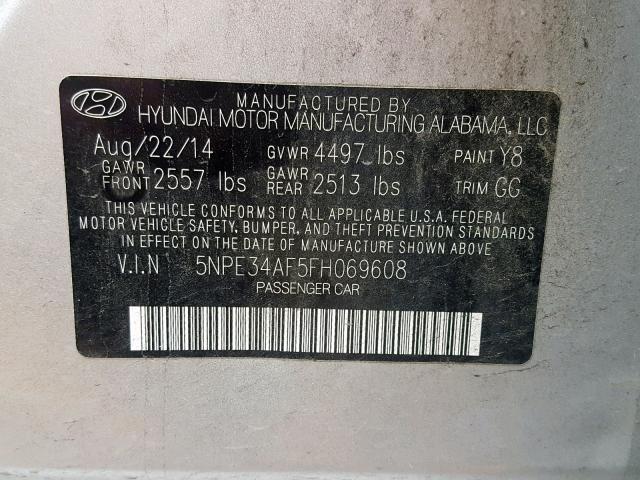 5NPE34AF5FH069608 - 2015 HYUNDAI SONATA SPO SILVER photo 10