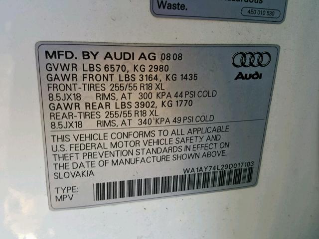 WA1AY74L29D017103 - 2009 AUDI Q7 3.6 QUA WHITE photo 10