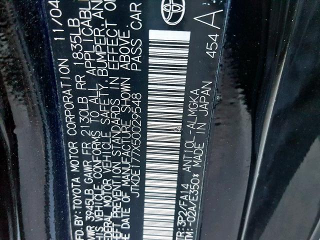 JTKDE177X50029548 - 2005 TOYOTA SCION TC შავი ფოტო 10