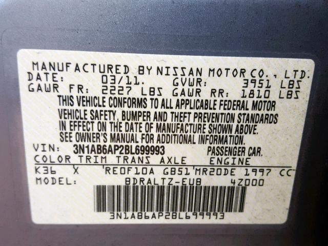 3N1AB6AP2BL699993 - 2011 NISSAN SENTRA 2.0 SILVER photo 10