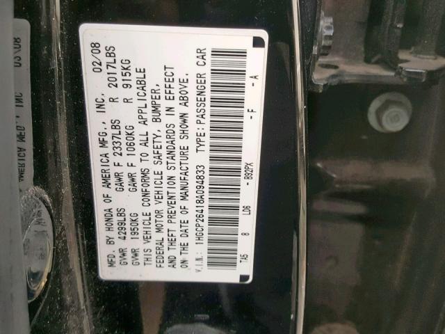 1HGCP26418A094833 - 2008 HONDA ACCORD LXP BLACK photo 10