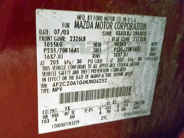 4F2CZ06104KM04252 - 2004 MAZDA TRIBUTE ES 栗色 照片 10