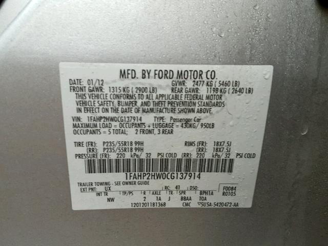 1FAHP2HW0CG137914 - 2012 FORD TAURUS SEL SILVER photo 10