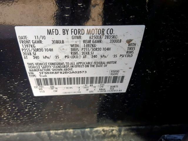 1FMHK8F82BGA02573 - 2011 FORD EXPLORER L BLACK photo 10