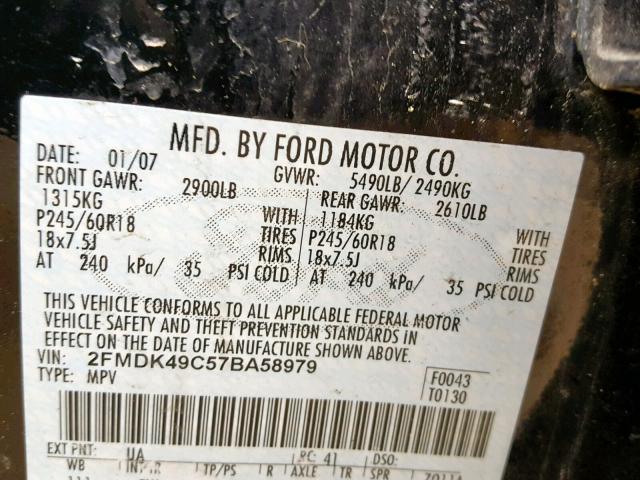 2FMDK49C57BA58979 - 2007 FORD EDGE SEL P BLACK photo 10