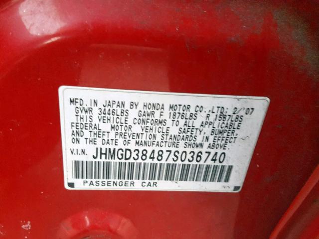 JHMGD38487S036740 - 2007 HONDA FIT RED photo 10