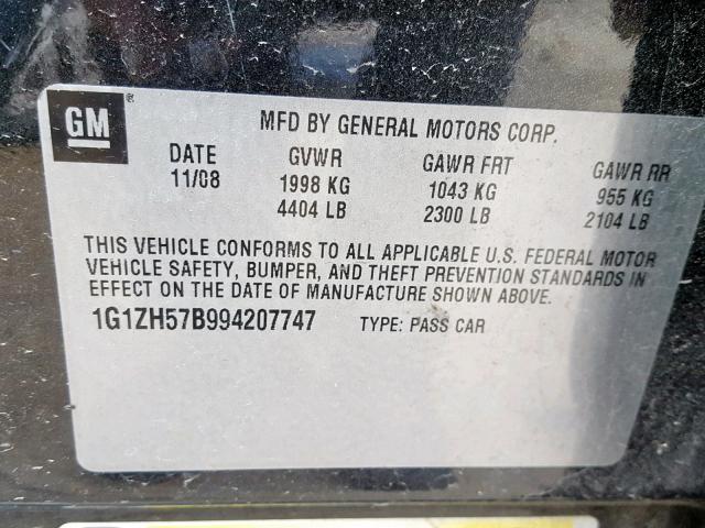 1G1ZH57B994207747 - 2009 CHEVROLET MALIBU 1LT 黑色 照片 10